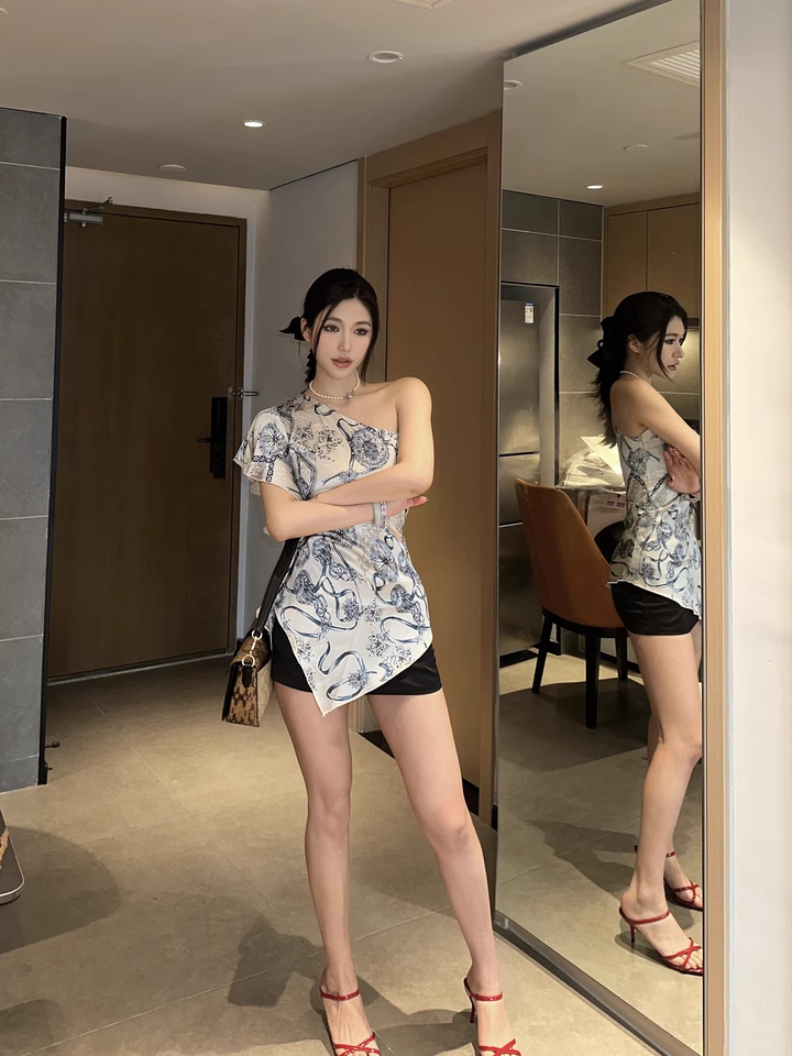 Off-shoulder Irregular Satin Print Hot Girl Sexy Mini Dress cc3067