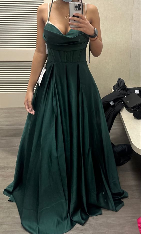 Green Satin Long Prom Dress, Long Green Formal Graduation Evening Dres