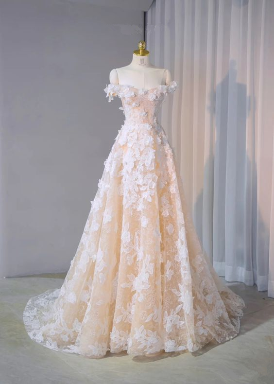 Champagne Prom Dress, Cathedral Train Wedding Dress, Flower Lace Prom Dress, Off-the-shoulder Gown, Bridal Dress cc684