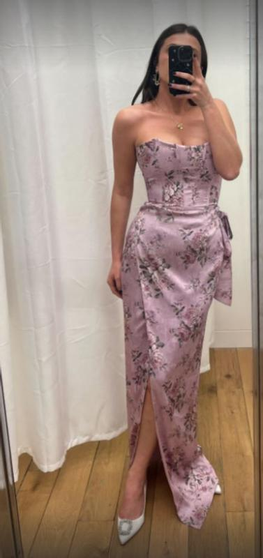 Fuchsia Printed Corset Front-Slit Satin Sheath Prom Dress,Formal Party Evening Dress cc2898
