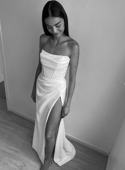 Elegant Strapless Satin Mermaid Slit Evening Dress,White Prom Party Dress cc2858
