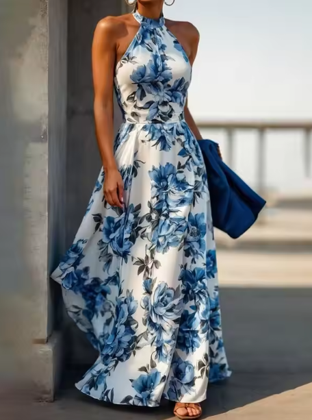 Vintage Satin Print Floral Sleeveless Party Evening Dress,Blue A Line Prom Dress cc2917