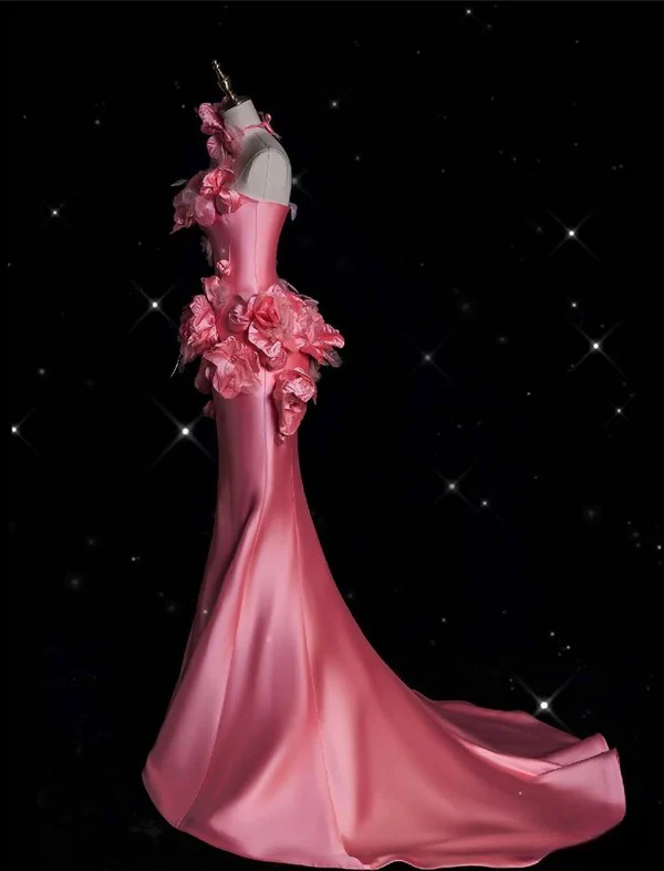 Elegant Pink Satin 3D Flowers Mermaid Evening Dress,Long Party Prom Dress cc2836