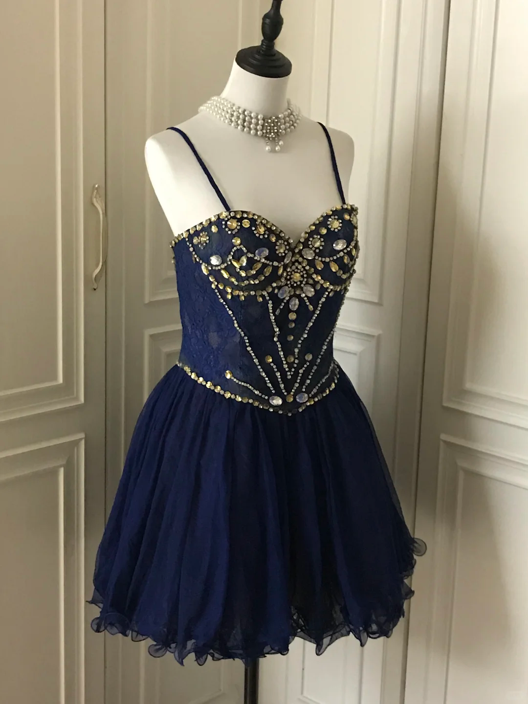 Vintage Navy Blue Lace Beaded A Line Homecoming Dress Short Party Dress cc3180