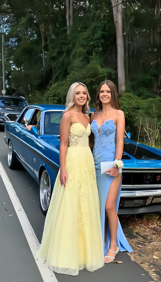 Sweet Yellow Strapless Tulle Appliques Evening Dress A Line Party Prom Dress cc2380