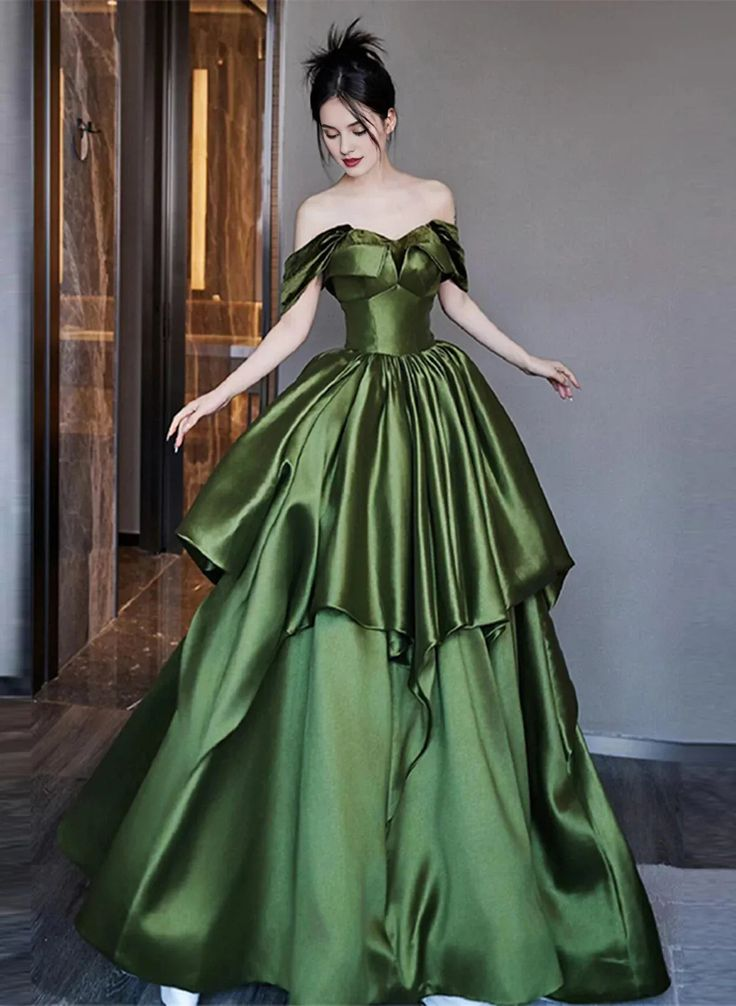 Classy Off The Shoulder Layered Pleated Ball Gown,Green A Line Prom Dress cc2483
