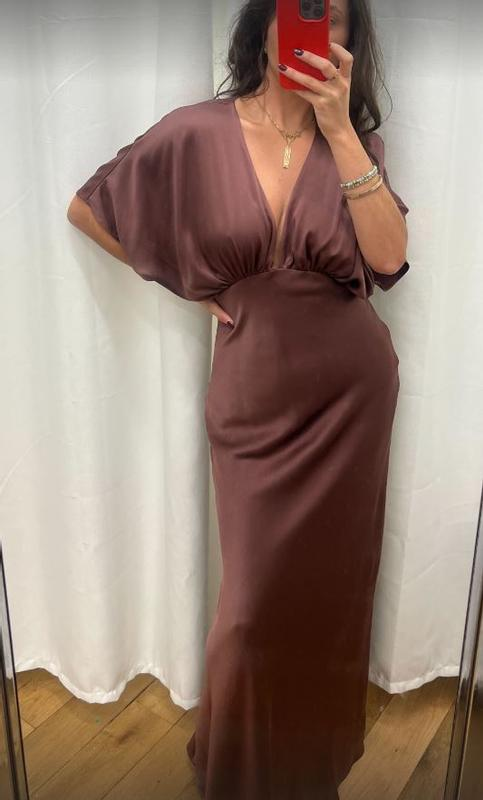 Simple Deep V Neck Brown Satin Party Evening Dress,Formal Prom Dress cc2899