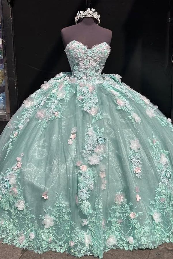 Luxury Light Green Ball Gown Sweetheart Neck Tulle Appliques Birthday Quinceanera Dress cc2390
