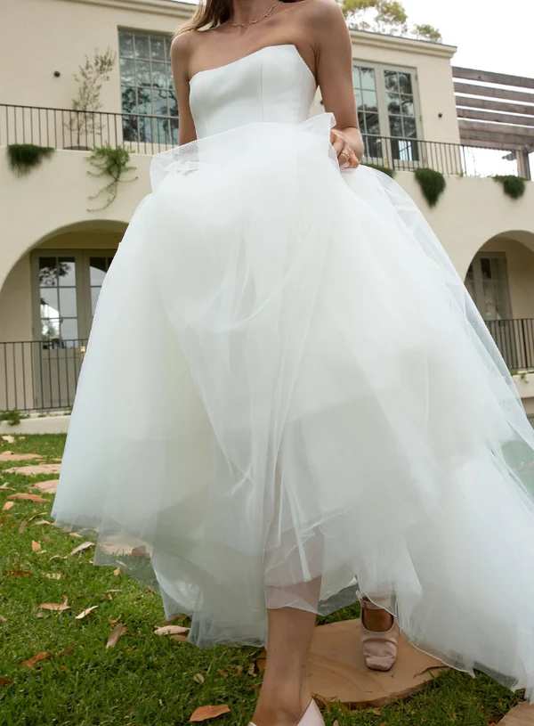 Charming Strapless Satin Tulle A Line Wedding Dress,White Prom Evening Dress cc2555