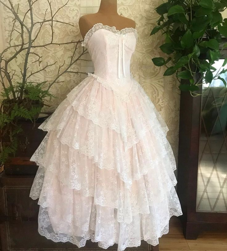 Classy Light Pink Lace Tiered A Line Ball Gown Wedding Dress cc2738