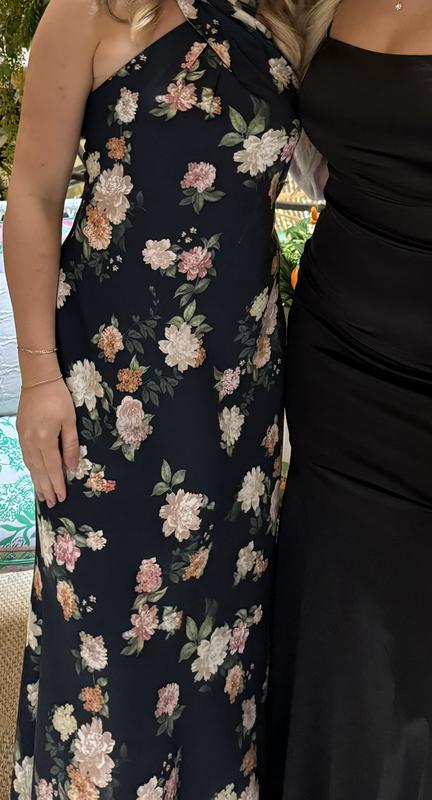 Classy Black Halter Satin Print Long Evening Dress,Formal Prom Party Gown cc2893