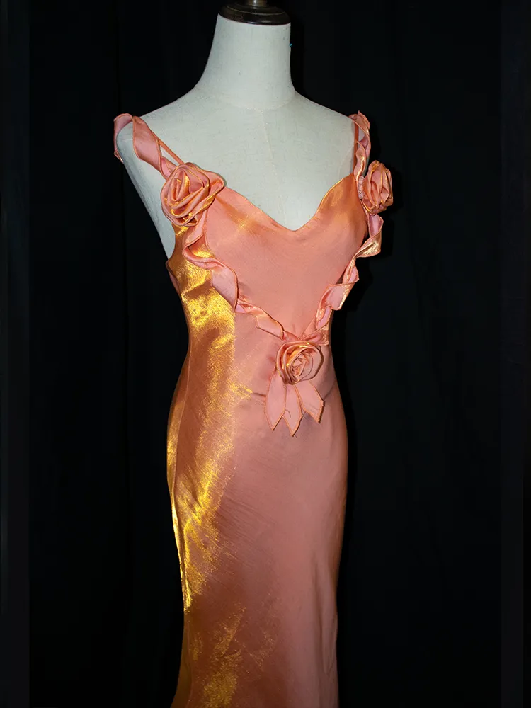 Charming Peach Pink Floral V-Neck Evening Gown Vintage Mermaid Prom Dress cc2670