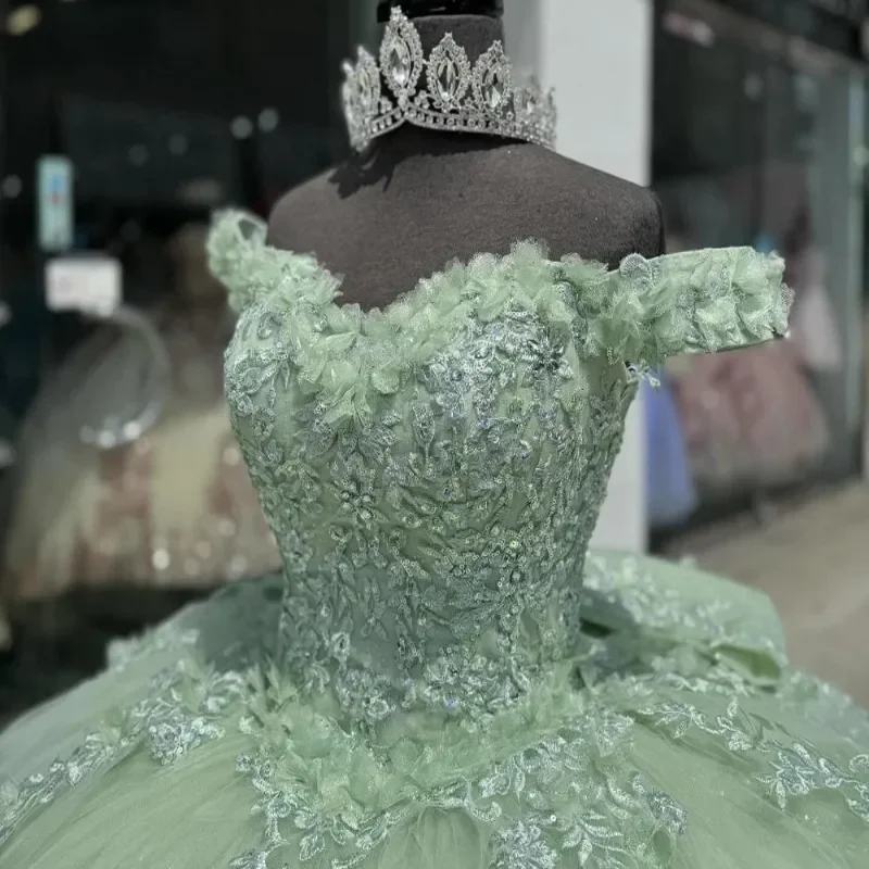 Charming Green Tulle Lace Appliques Ball Gown,off Shoulder Quinceanera Dress Party Birthday Dress cc2605