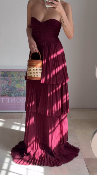 Vintage Burgundy Strapless Chiffon Layered A Line Prom Evening Dress,Long Party Dress cc2930