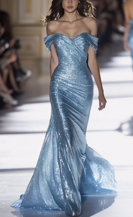 Glitter Blue Off The Sequins Long Prom Dress,Mermaid Party Evening Dress cc2781