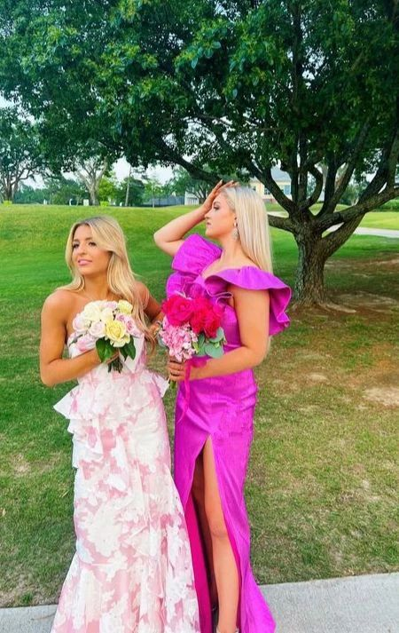 Classy Pink Mermaid Print Floral Evening Dress Prom Dress cc2013