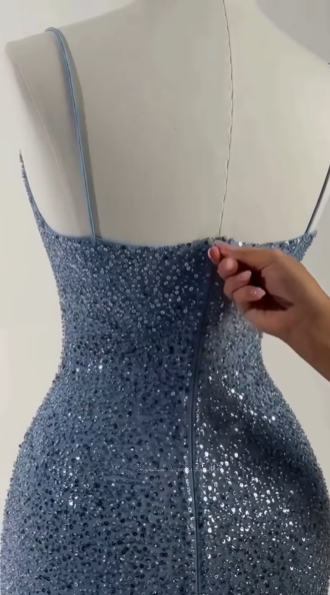 Glamorous Spaghetti Straps Sequins Sheath Long Prom Dress,Blue Party Evening Dress cc2941