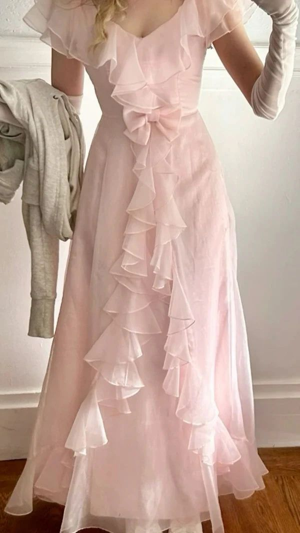 Elegant Pink Chiffon Ruffles Evening Dress,V Neck A Line Prom Party Gown cc2876