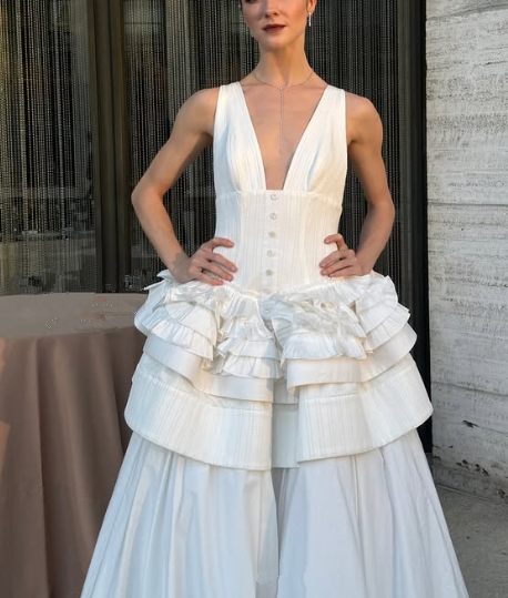 Sexy White Deep V Neck Satin A Line Layered Party Evening Dress cc2571