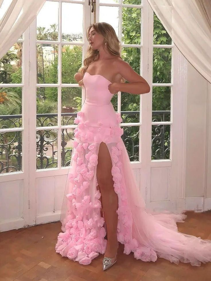 Beautiful Pink Strapless Tulle Rose Flowers Prom Dress Mermaid Slit Evening Dress Wedding Dress cc2084