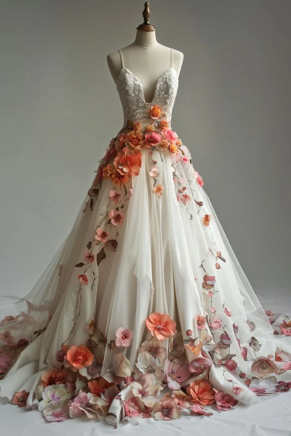 Ivory A-Line Tulle Appliques Wedding Dress, Elegant Lace Spaghetti Strap Prom Dress cc2432