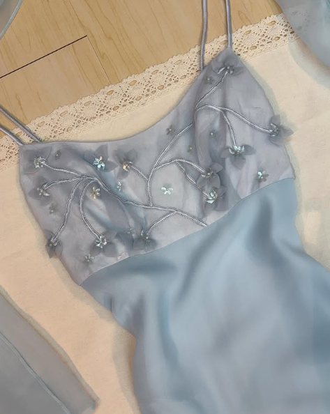 Pretty Light Blue Chiffon Applique Evening Dress,Straps Party Prom Gown cc2573