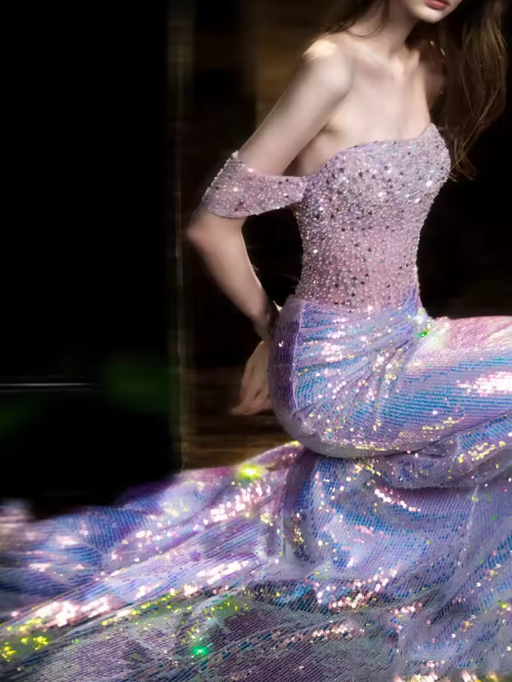 Glitter Sequins Beaded Mermaid Evening Dress,Lilac Off Shoulder Party Prom Dress cc2636