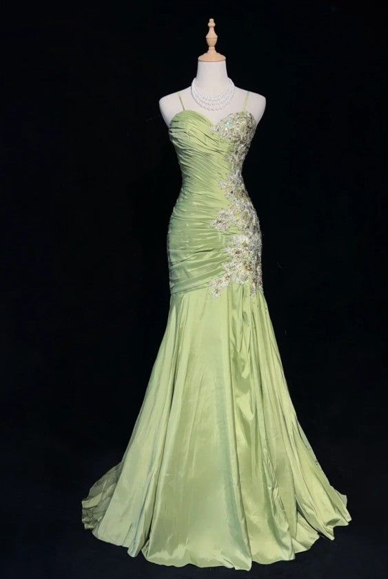 Gorgeous Green Mermaid Satin Beaded Sequin Party Evening Dress,Spaghetti Strap Long Prom Dress cc2997