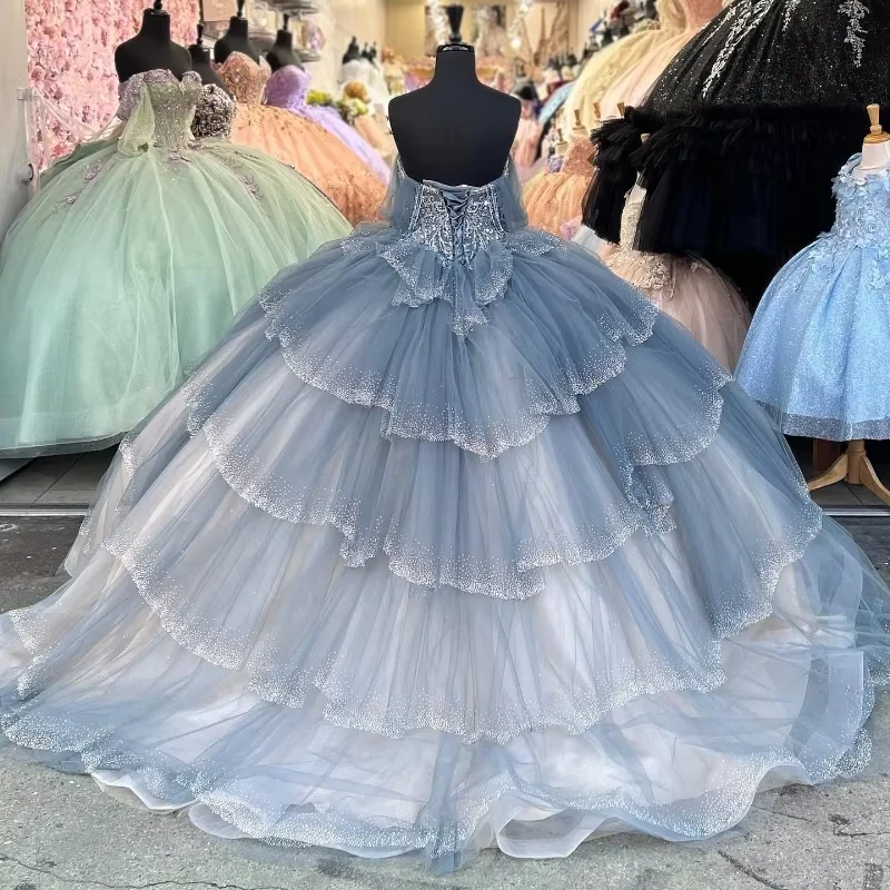 Sparkly Blue Sequin Off The Shoulder Ball Gown,Tulle Layered Sweet 16 Birthday Dress cc2618