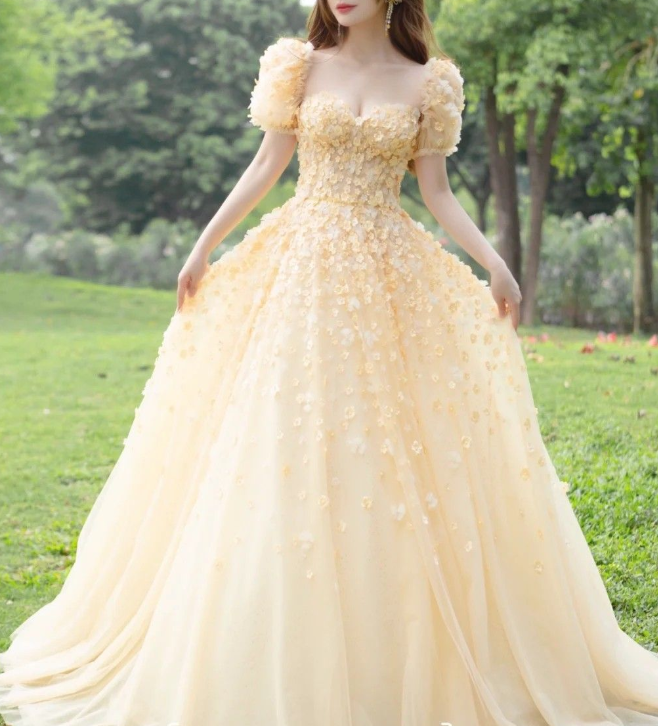 Charming Yellow A-line Puffy Sleeves Floral Prom Dress,Fairy Dress cc1201