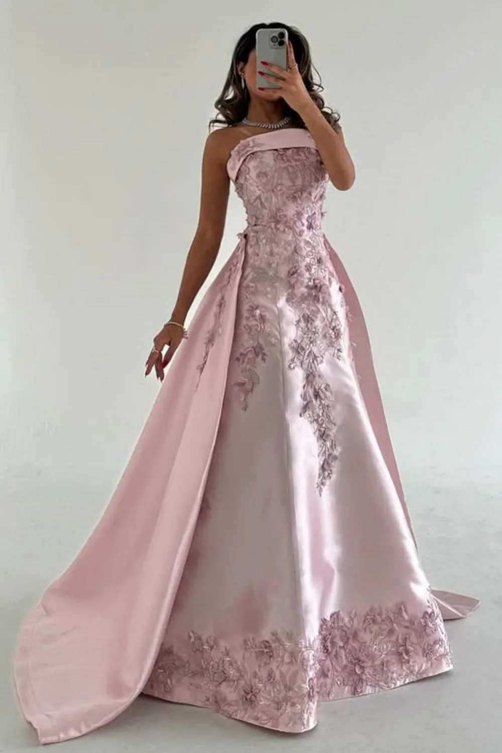 Pretty Pink Strapless Satin Appliques Beaded Formal Prom Dress,Long A Line Party Evening Gown cc2870