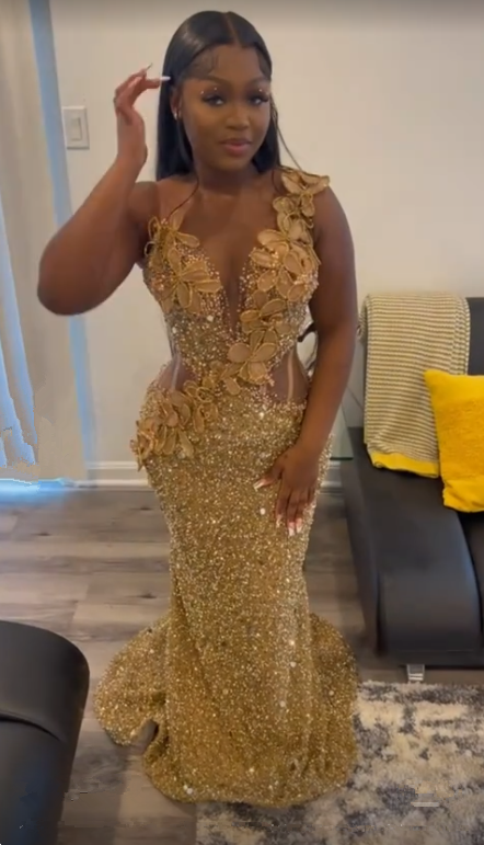 Gorgeous Gold Sequins Appliques Prom Dress Formal Mermaid Evening Dress cc2323