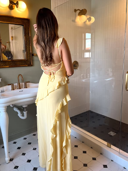 Elegant Yellow Spaghetti Straps Ruffle Slit Prom Dress,Long Party Evening Dress cc3001