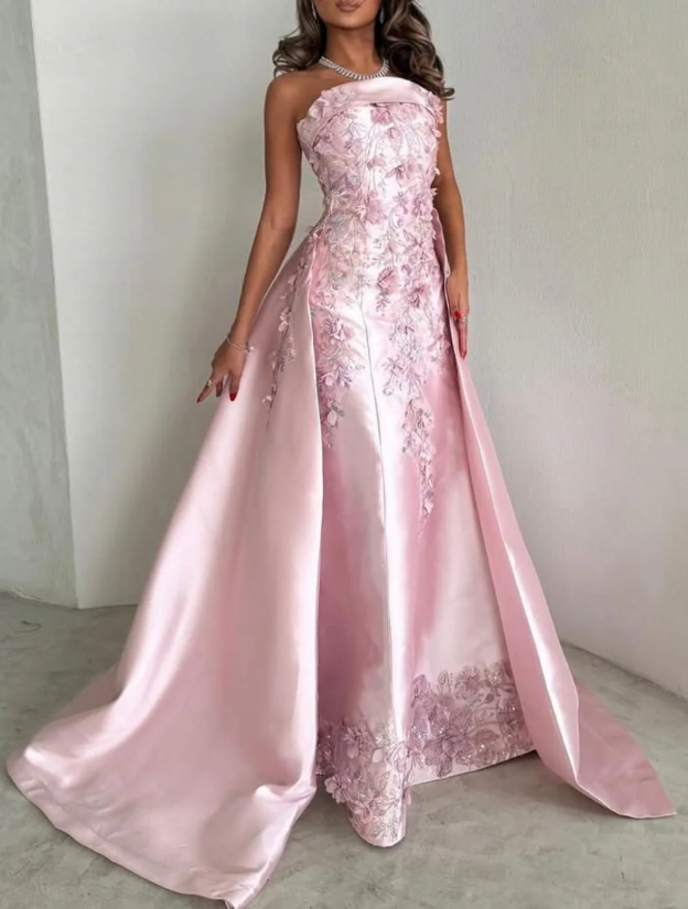 Pretty Pink Strapless Satin Appliques Beaded Formal Prom Dress,Long A Line Party Evening Gown cc2870