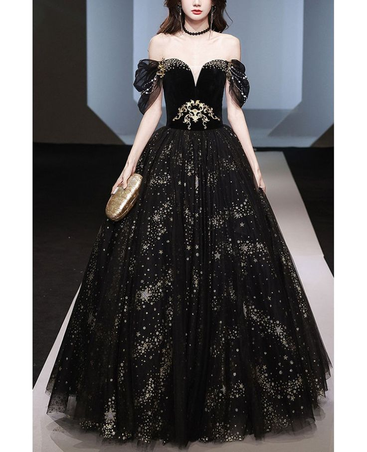 Classy Off Shoulder Black Tulle Sequins Ball Gown Gothic A Line Prom Dress cc2424