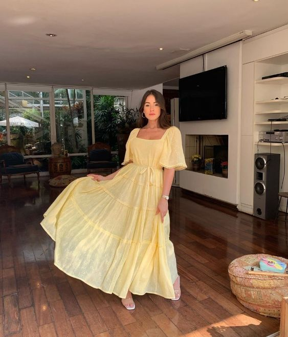 Yellow Evening Dress, Prom Vintage Dress cc786