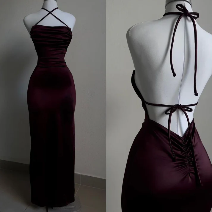 Burgundy Sheath Satin Backless Birthday Dress Prom Dress Evening Dress cc1934