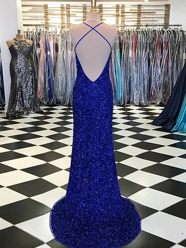 Spaghetti Straps Pink Sequins Mermaid Prom Dress C921