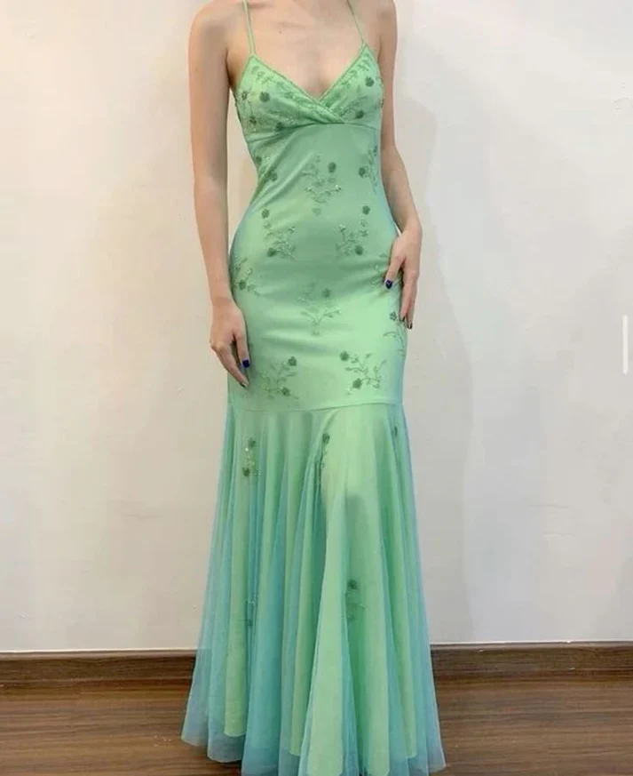 Green Spaghetti Straps Beaded Mermaid Evening Dress V Neck Party Prom Dress cc2062