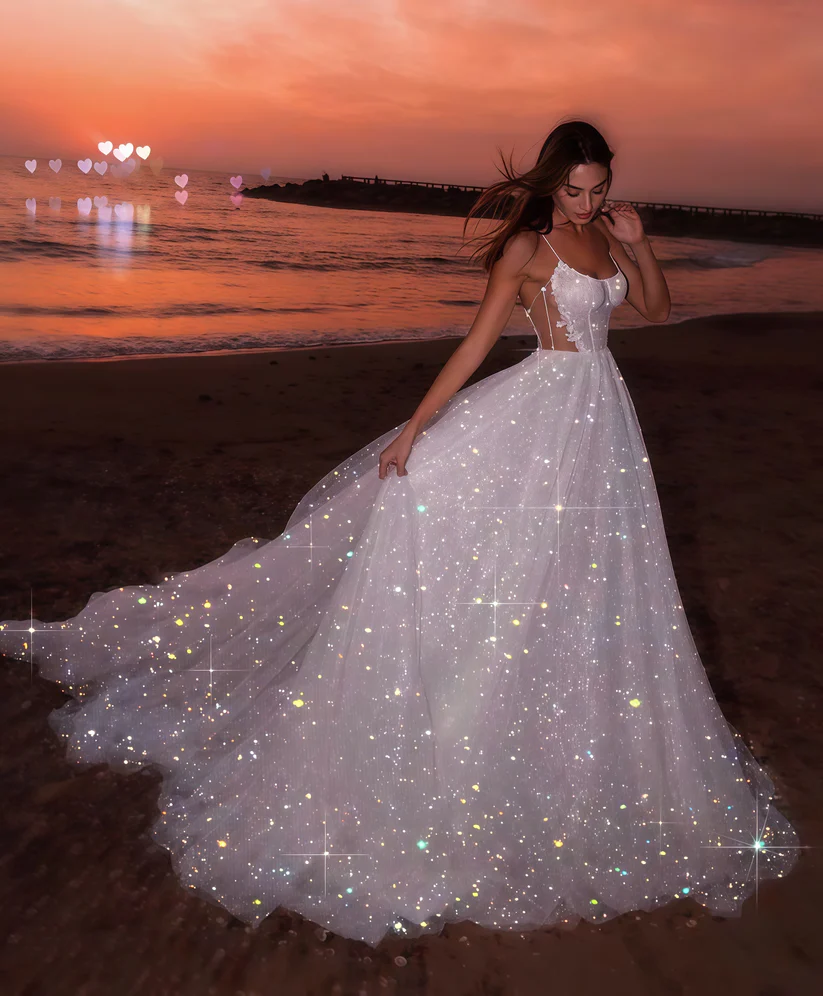 Sparkly Shite Tulle Sequins Prom Dress,Long A Line Wedding Dress Evening Dress cc2468