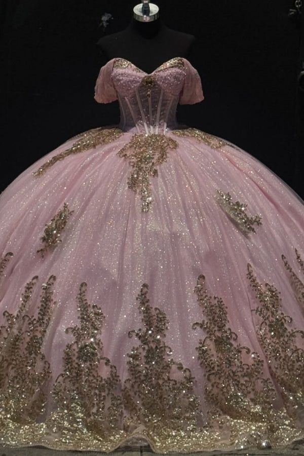 Glitter Pink Tulle Sequins Sweet 16 Ball Gown Off The Shoulder Quinceanera Dress cc2388
