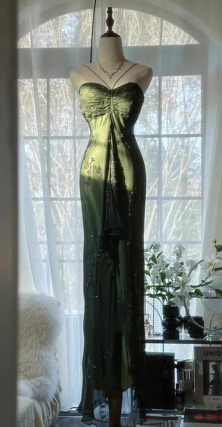 Vintage Dark Green Halter Chiffon Beaded Prom Dress,Mermaid Party Evening Dress cc2996