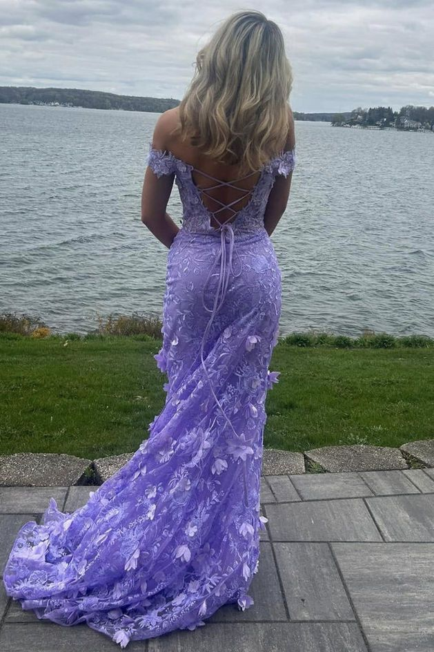 Purple Off The Shoulder Tullelace Appliques Evening Dress Slit Mermaid Party Dress cc2442