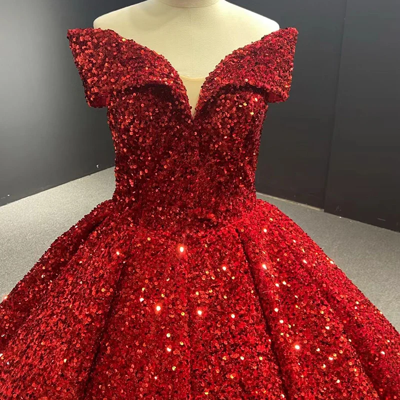Royal blue sequin prom ball gown sweet 16 dress off the shoulder princess Quince dress c2767