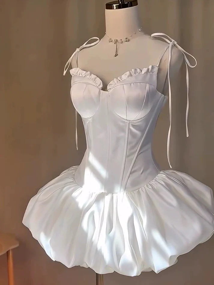 Cute Spaghetti Straps A Line White Satin 7th Grade Homecoming Dress Short Birthday Party Dress cc3454