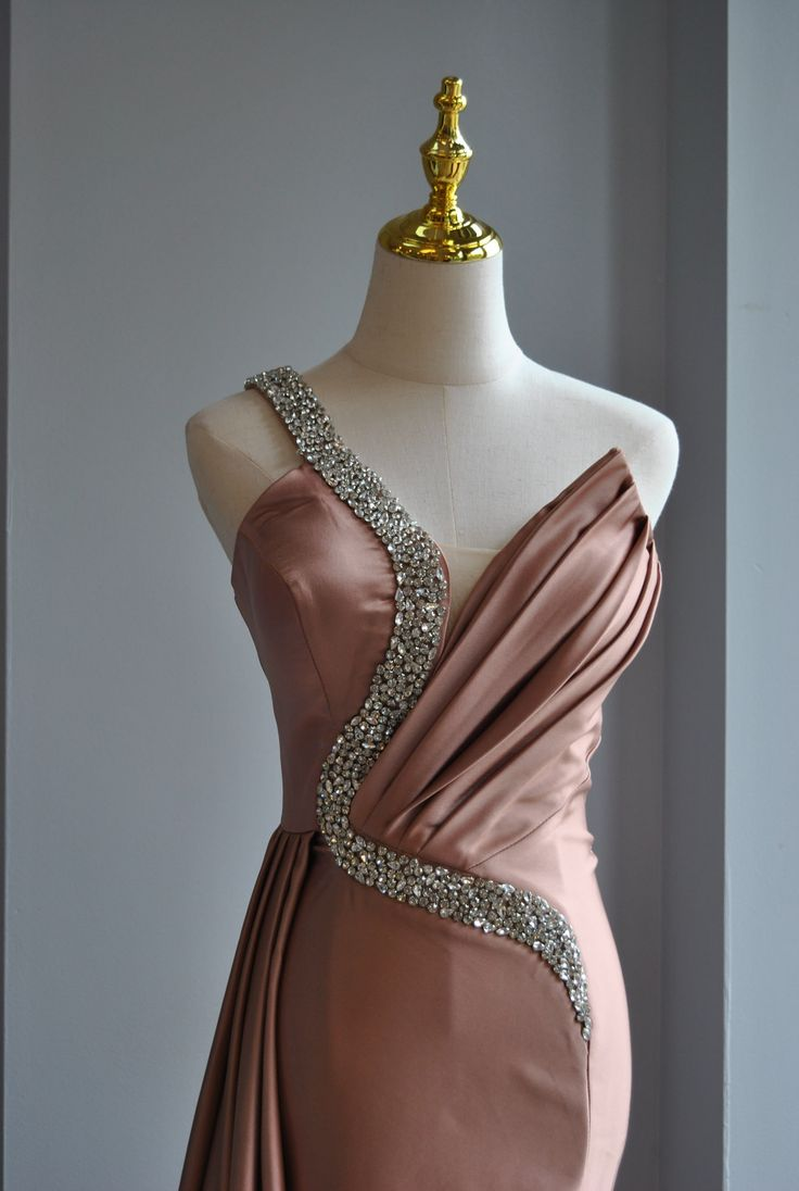 Vintage One Shoulder Satin Beaded Mermaid Prom Dress,Rose Pink Evening Dress Party Gown cc2964