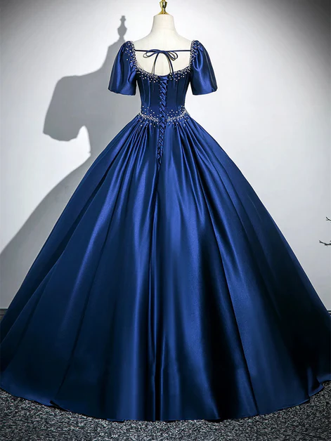Charming Navy Blue Satin Sweetheart Pearls Beaded Party Prom Dress, A Line Ball Gown cc2191