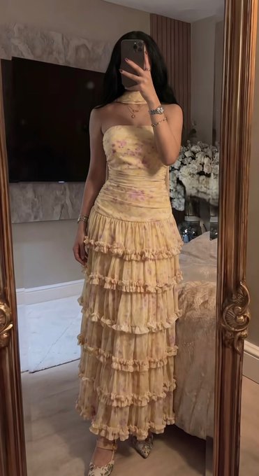 Sweet Yellow Floral Print Strapless A-line Chiffon Long Prom Dress Evening Dress cc5069