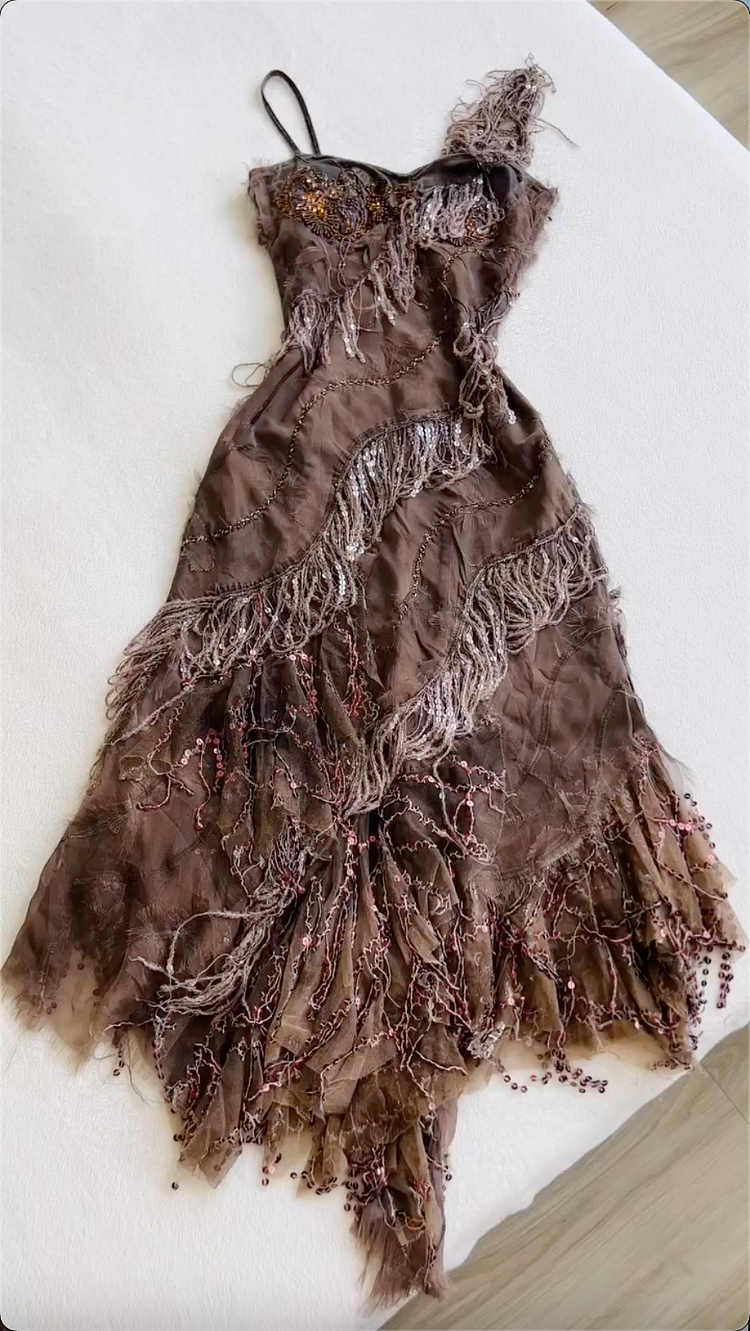 Vintage Brown Sequin Beaded Evening Dress,Formal Mermaid Prom Dress cc2765