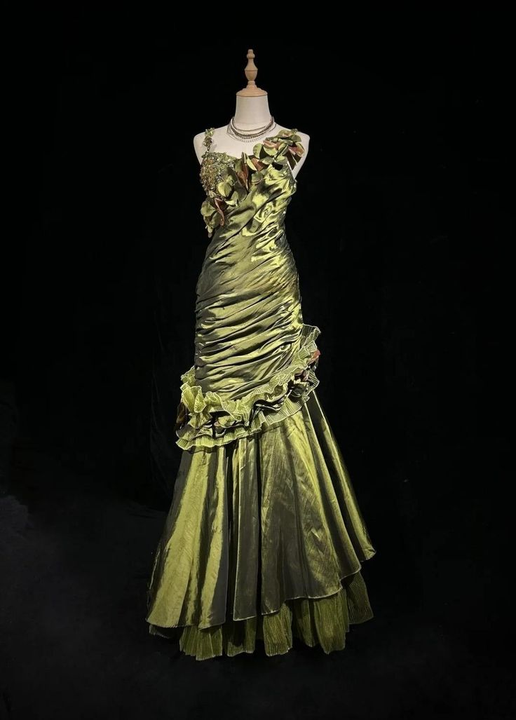 Vintage Green Satin Pleated Beaded Prom Party Dress,Long Mermaid Evening Dress cc2998